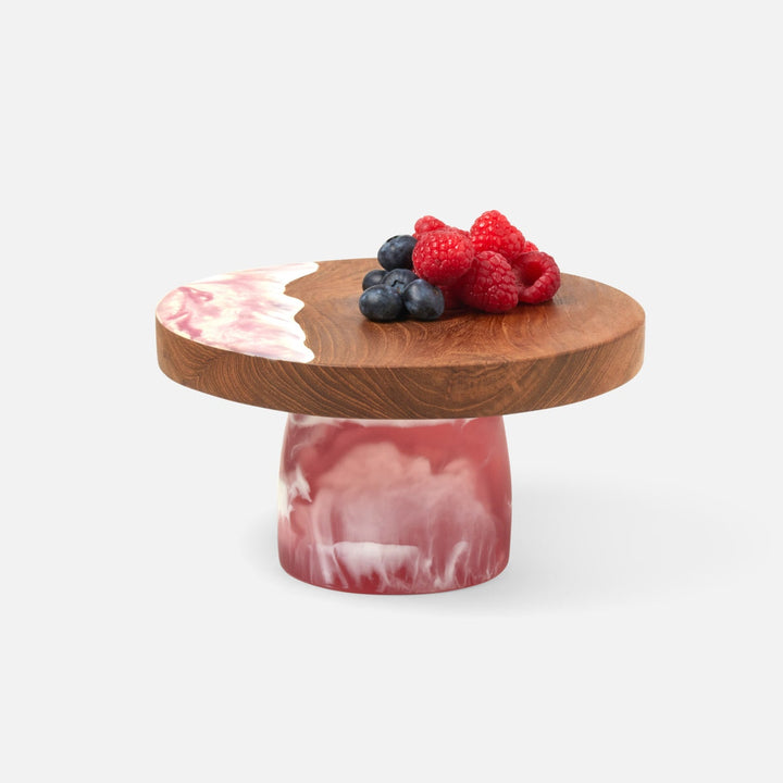 Austin Pink Swirled Cake Stand Resin/Natural Teak Small