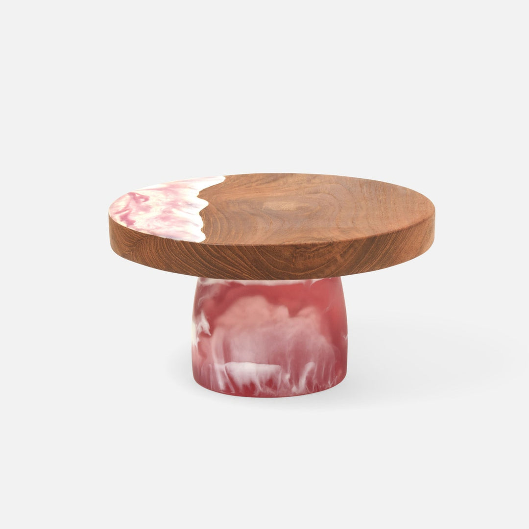 Austin Pink Swirled Cake Stand Resin/Natural Teak Small
