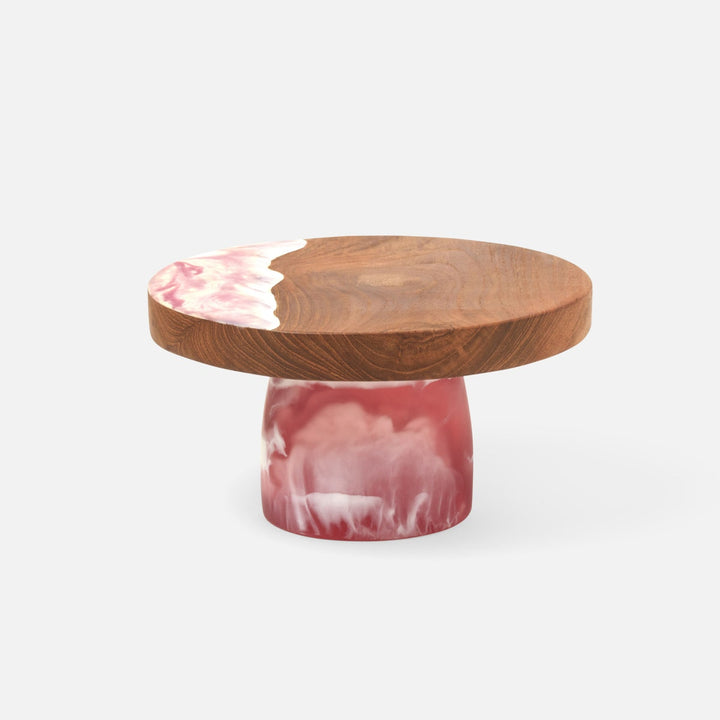 Austin Pink Swirled Cake Stand Resin/Natural Teak Small