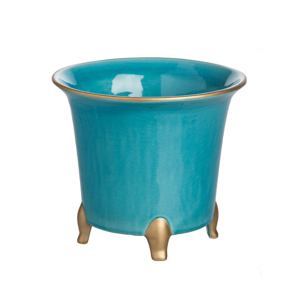 Indoor Planters Cachepot, Turquoise with Gold, Small Set of 2