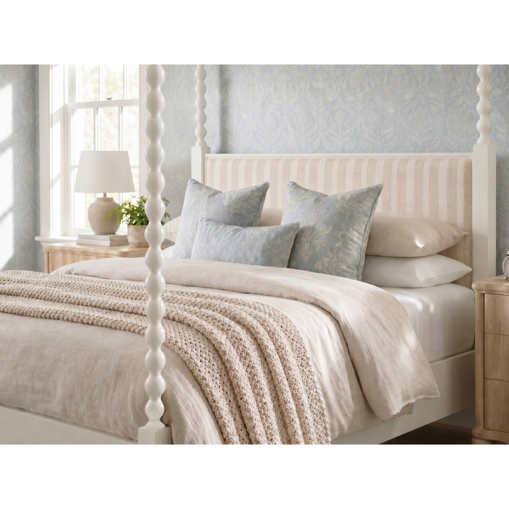 Haven King Upholstered Canopy Poster Bed — Warm White