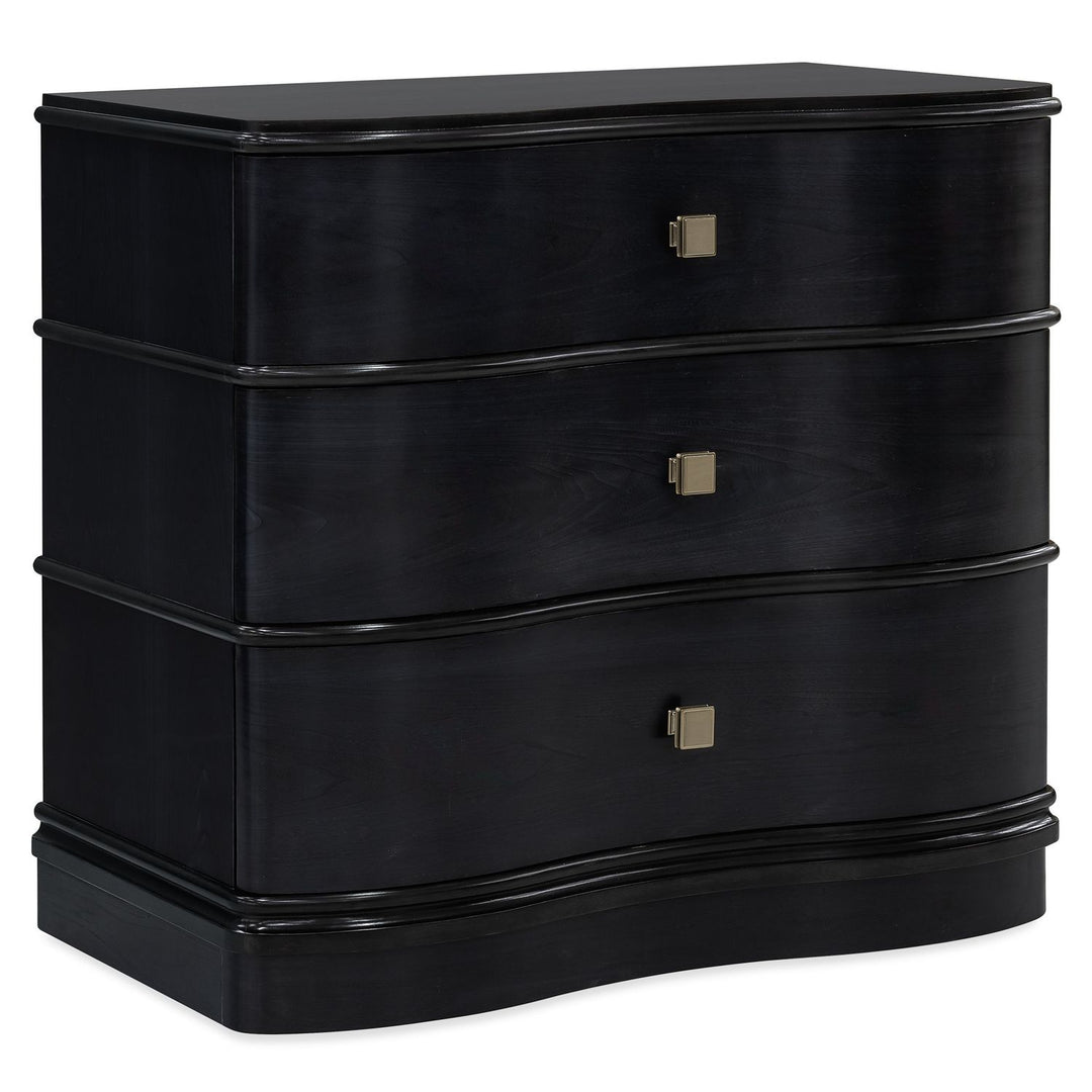 Melange Midnight Merlot Accent Chest, shown in black with wood, metal, and three full-width drawers.