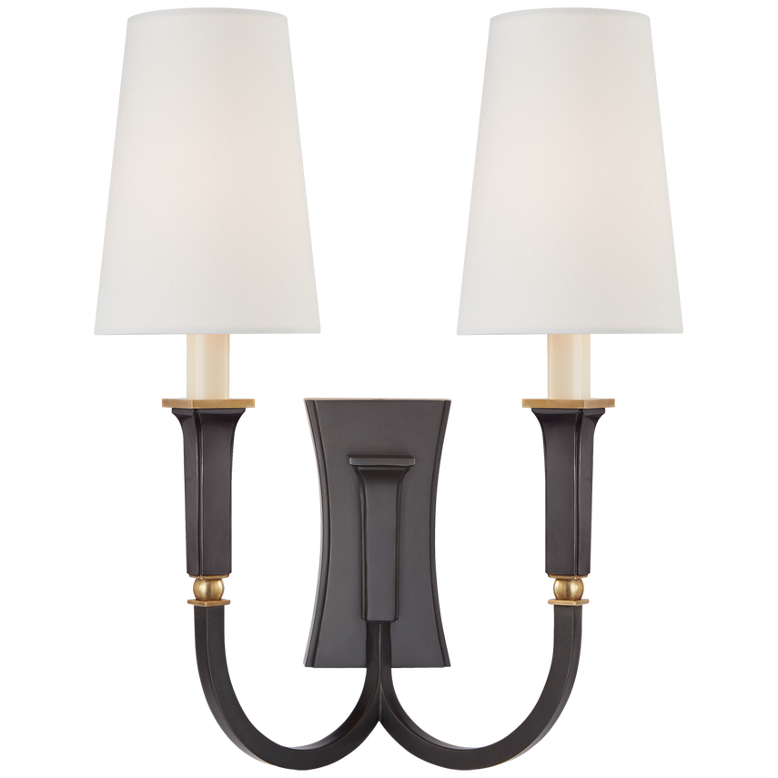 Dephi Large Double Arm Sconce-Visual Comfort-VISUAL-TOB 2273BZ/HAB-L-Wall LightingBronze with Antique Brass/Linen Shade-1-France and Son