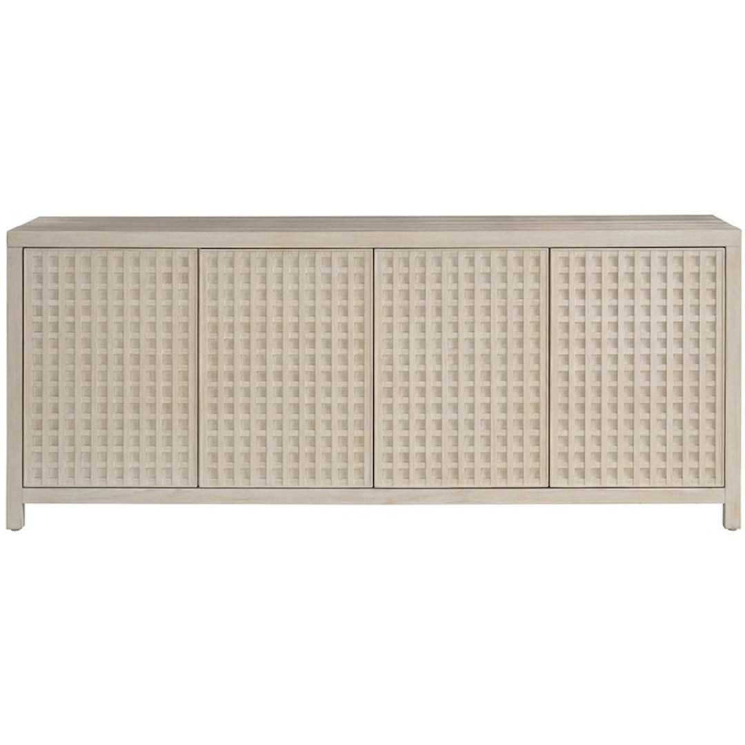 Universal Furniture River Rock Credenza front view with four latticework doors