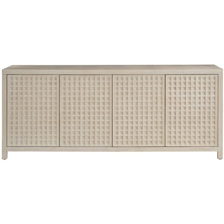 Universal Furniture River Rock Credenza front view with four latticework doors