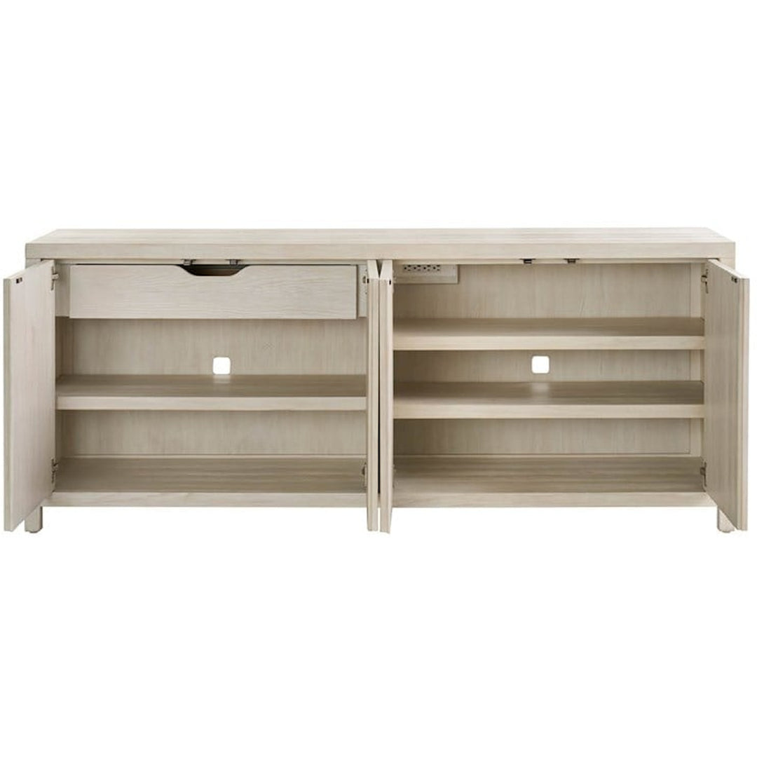 Universal Furniture River Rock Credenza interior with adjustable shelves and tray drawer
