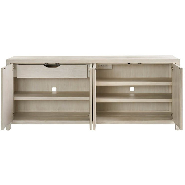 Universal Furniture River Rock Credenza interior with adjustable shelves and tray drawer