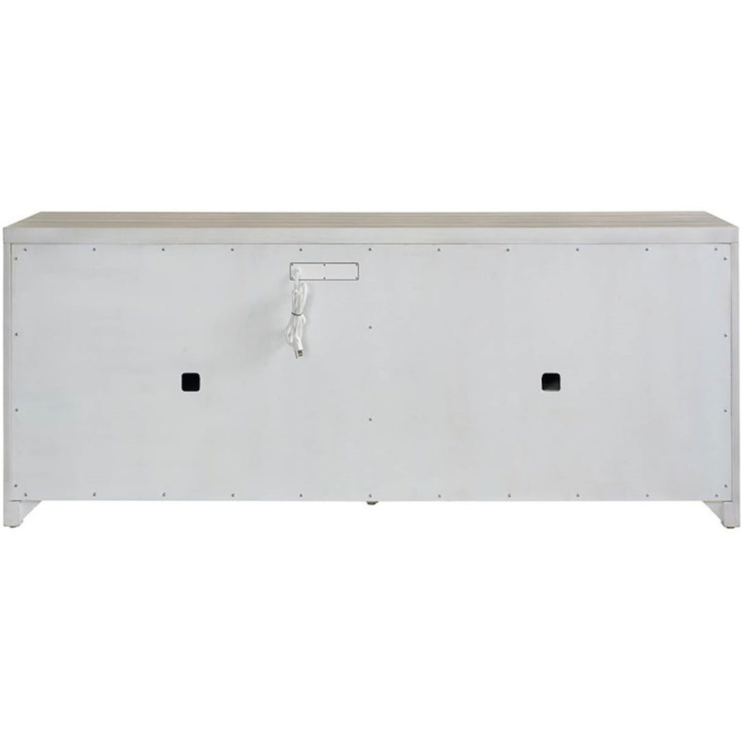 Universal Furniture River Rock Credenza rear view with power cord and wire openings