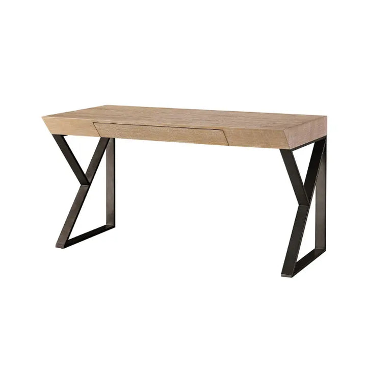 Universal Furniture Ronan Writing Desk in rustic natural oak with dark metal legs