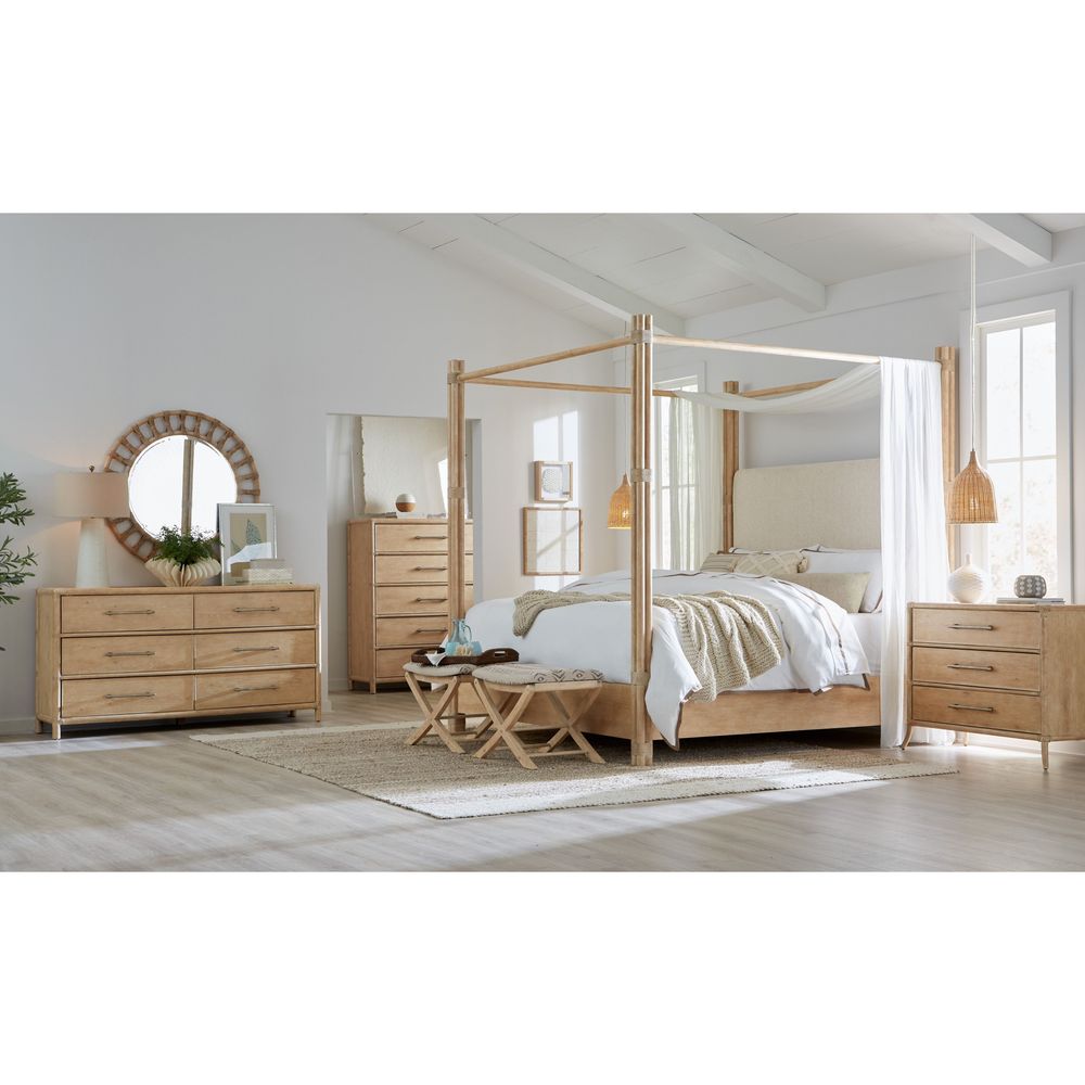 Beds Solace Pole Rattan Cal King Upholstered Poster Bed with Canopy - Light Wood