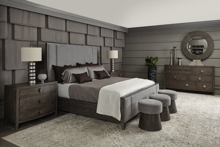 Linea California King Panel Bed with Upholstered Headboard and Footboard in Cerused Charcoal Finish