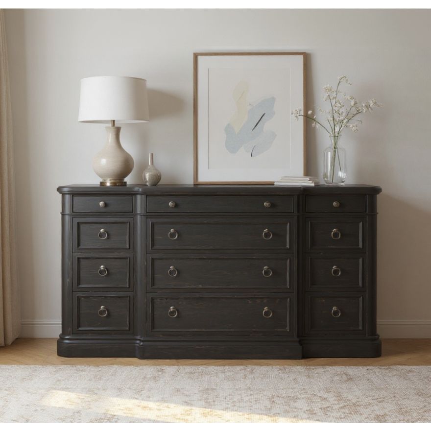 Atrium 12 Drawer Dresser — hand rubbed black with undertones of brown
