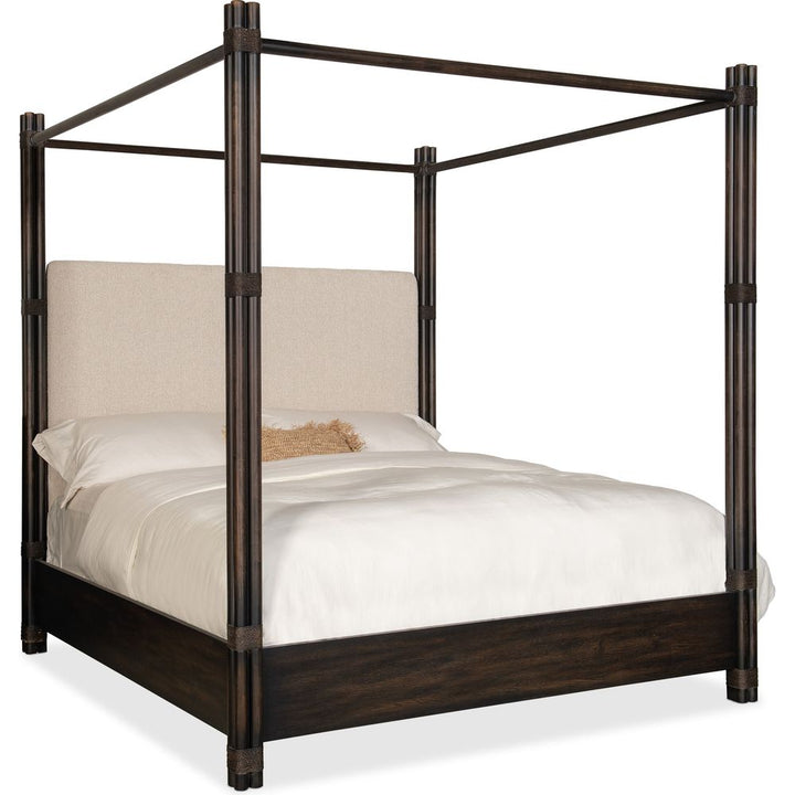 Beds Solace Pole Rattan King Upholstered Poster Bed with Canopy - Dark Wood
