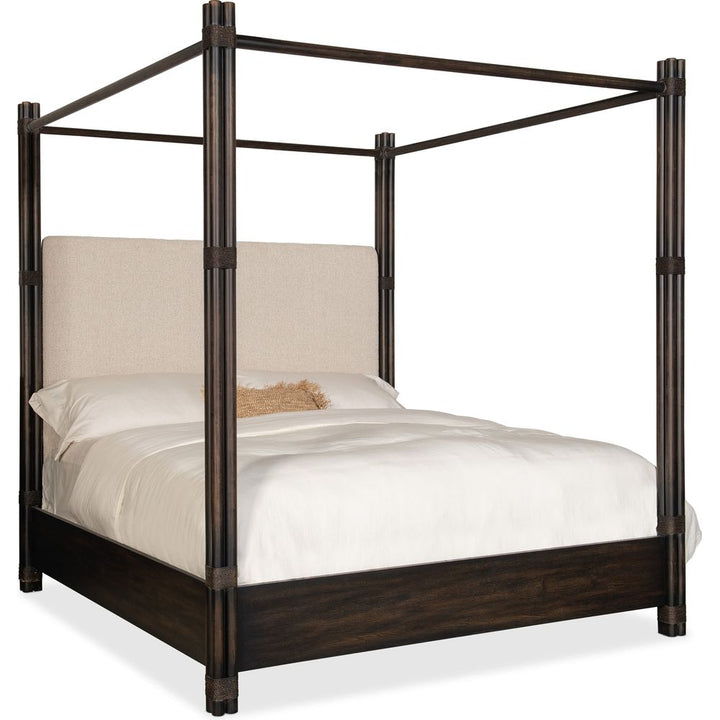 Beds Retreat Pole Rattan Cal King Upholstered Poster Bed with Canopy - Dark Wood