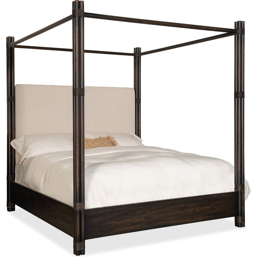 Beds Retreat Pole Rattan Cal King Upholstered Poster Bed with Canopy - Dark Wood