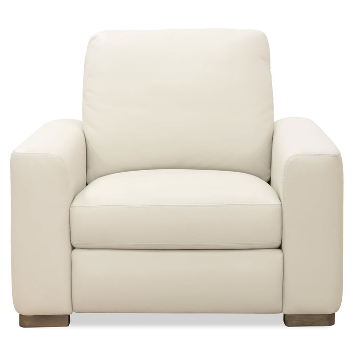 Optimus Power Recliner with Power Headrest, shown in cream and off-white with leather, wood, and power reclining mechanism.