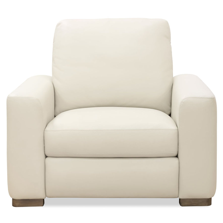 Optimus Power Recliner with Power Headrest, shown in cream and off-white with leather, wood, and power reclining mechanism.