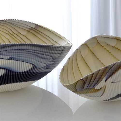 Pleated Bowl-Amber/Blue Filigree-Lg