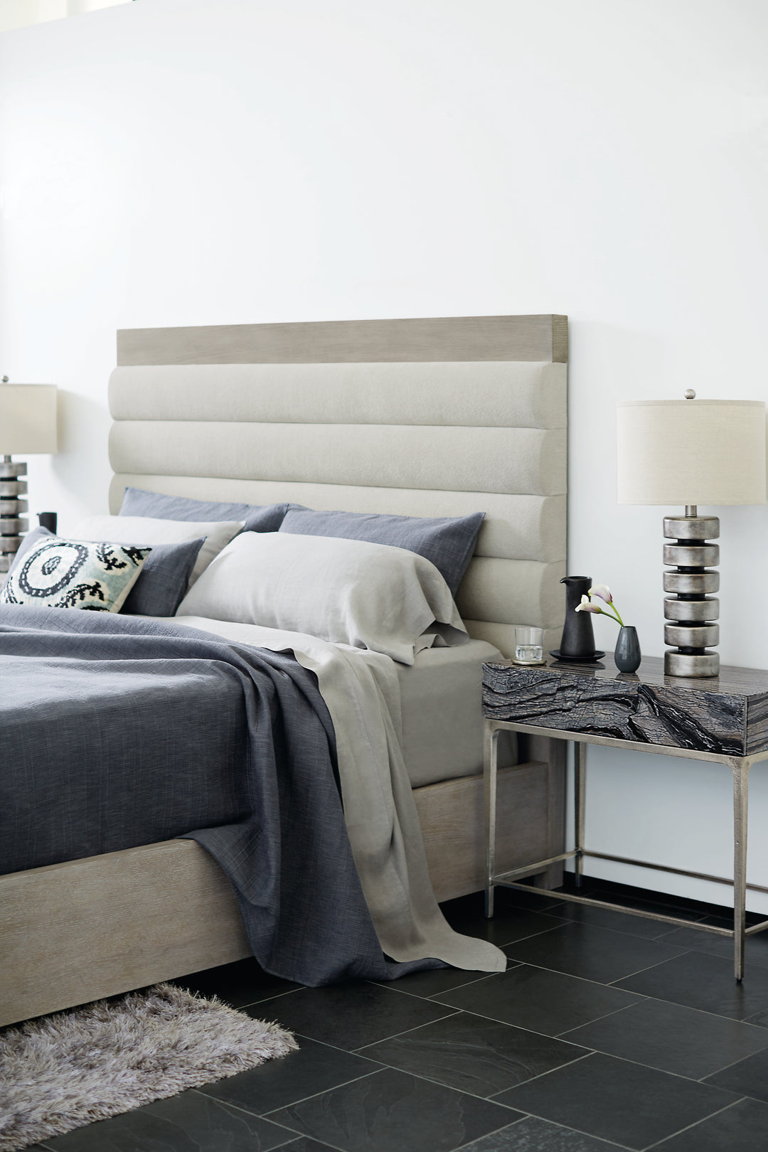 Linea Upholstered King Panel Bed with Wooden Footboard and Side Rails