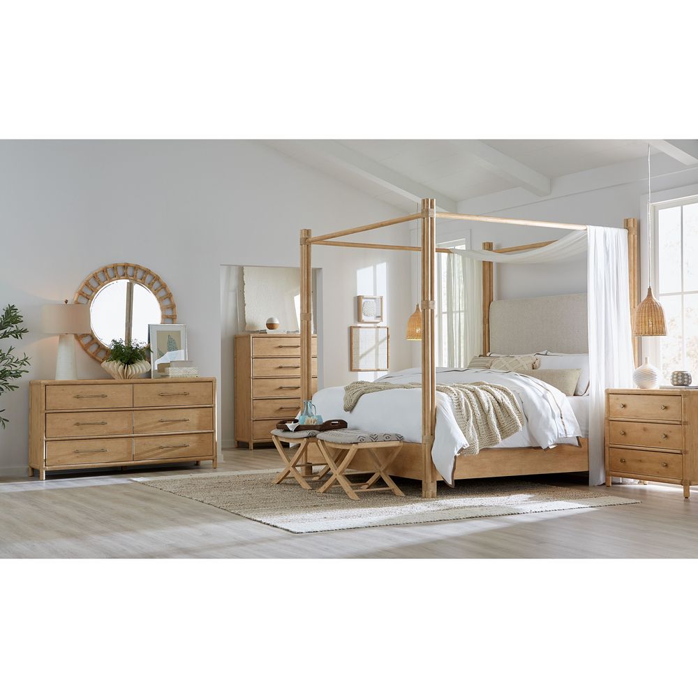 Solace Pole Rattan Cal King Upholstered Poster Bed with Canopy - Light Wood