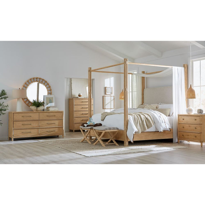 Solace Pole Rattan Cal King Upholstered Poster Bed with Canopy - Light Wood