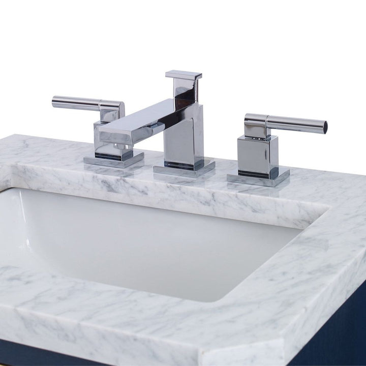 Lancaster Faucet, shown in chrome and silver with metal, marble, and a widespread three-hole deck mount.
