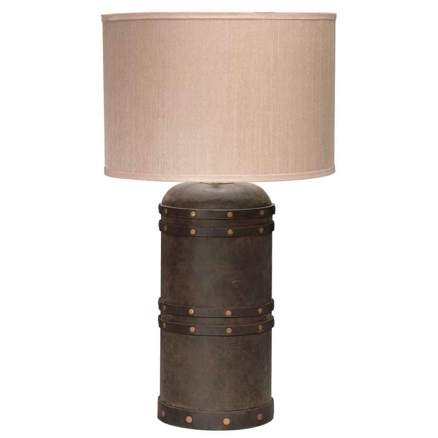 Barrel Table Lamp in Vintage Leather with Classic Drum Shade in Elephant Hemp-Jamie Young-JAMIEYO-1BARR-TLLE-Table Lamps-1-France and Son
