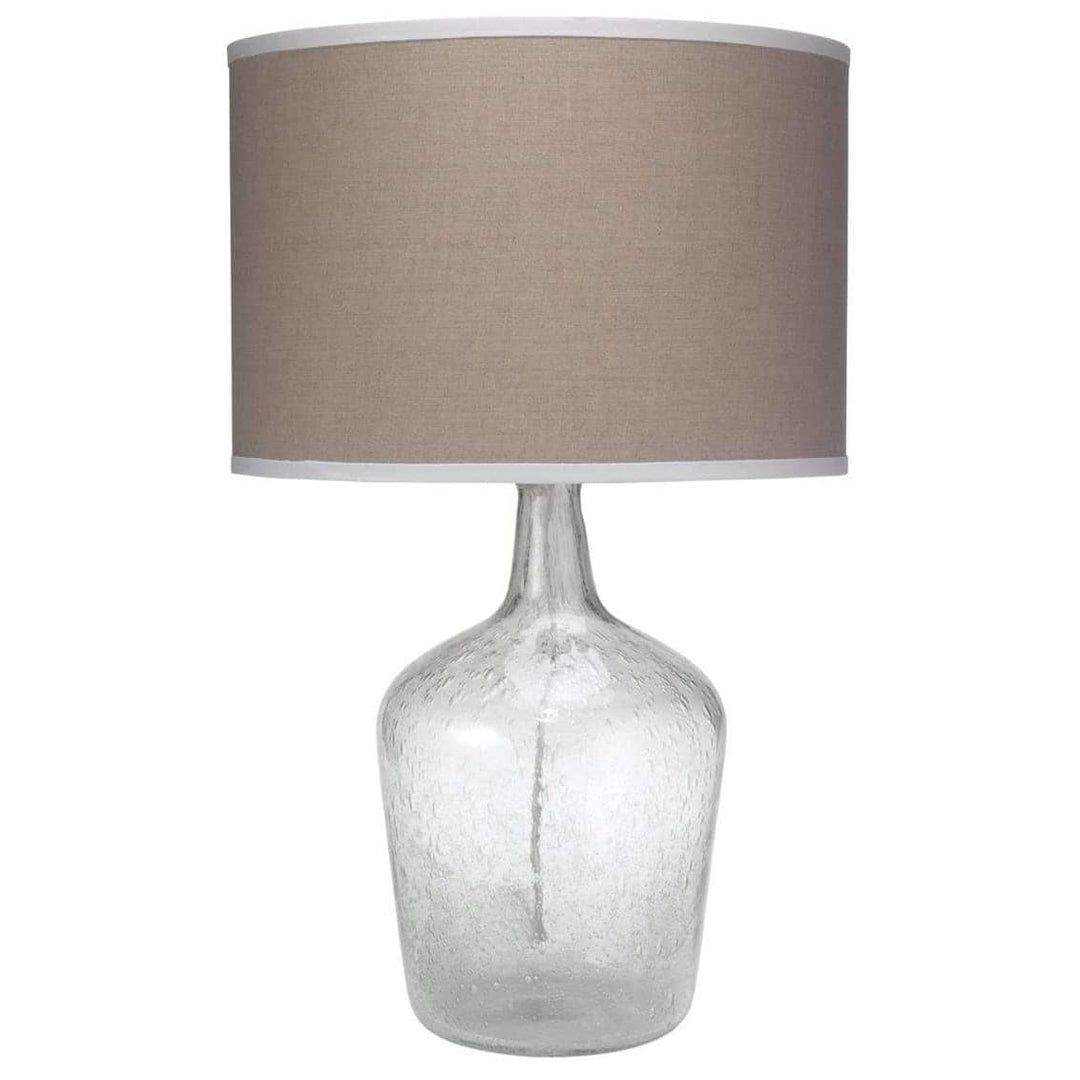 Plum Jar Table Lamp, Medium in Clear Seeded Glass with Classic Drum Shade in Natural Linen with White Linen Trim-Jamie Young-JAMIEYO-1JAR-MDCL-Table Lamps-1-France and Son