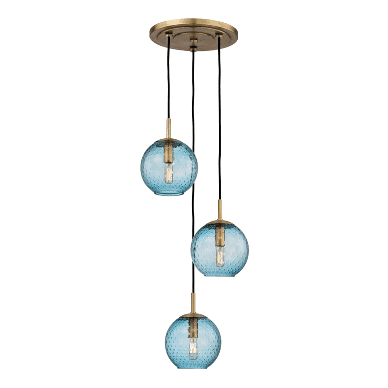 Rousseau 3 Light Pendant With Blue Glass-Hudson Valley-HVL-2033-AGB-BL-PendantsAged Brass-1-France and Son