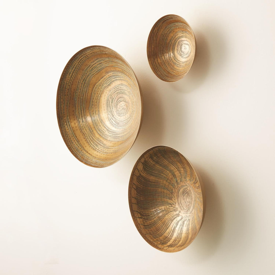 S/3 Sun Etched Wall Bowls - (Set of 3 )-Global Views-GVSA-7.91058-Wall DecorAntique Brass-2-France and Son