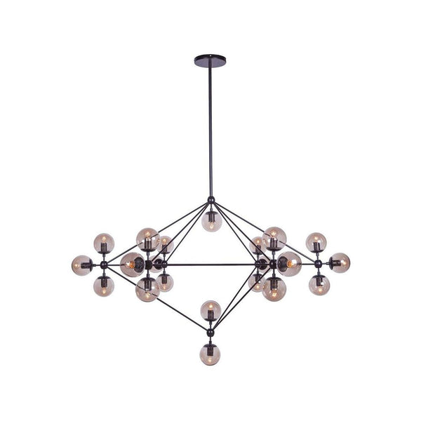 Moda Chandelier 21 Globe, shown in black and smoked taupe glass with metal, glass, and a ceiling-canopy pendant mount.