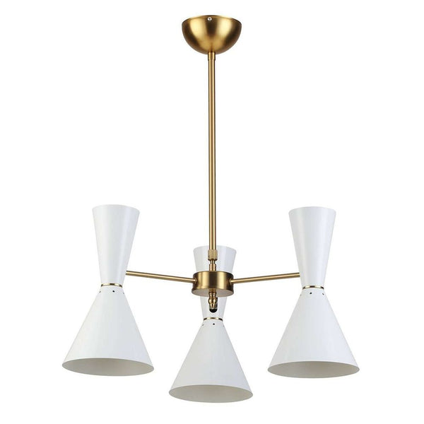 Three Arm Bowtie Chandelier, shown in white and brass gold with metal and a ceiling canopy mount.