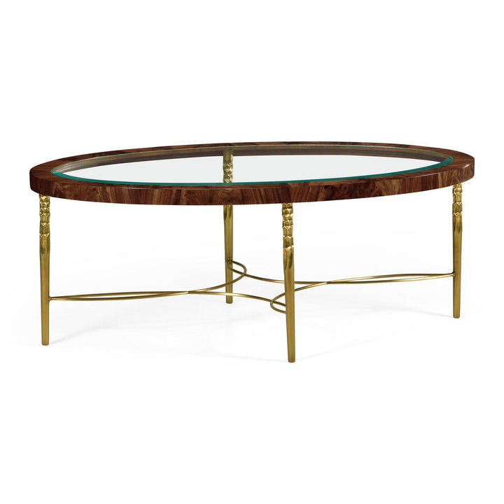 Oval Coffee Table with Brass Base-Jonathan Charles-JCHARLES-495649-TWC-Coffee TablesTropical Walnut Crotch-5-France and Son