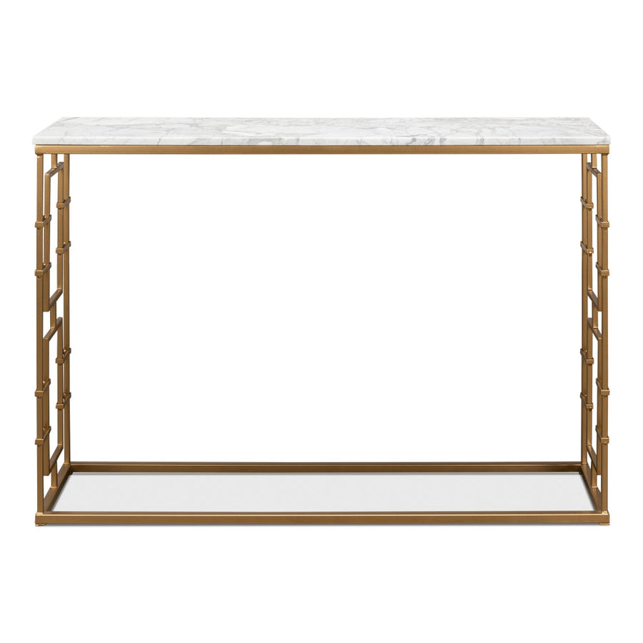 Brass Gate Console Table W/ Wht Marble-SARREID-SARREID-53134-Console Tables-1-France and Son