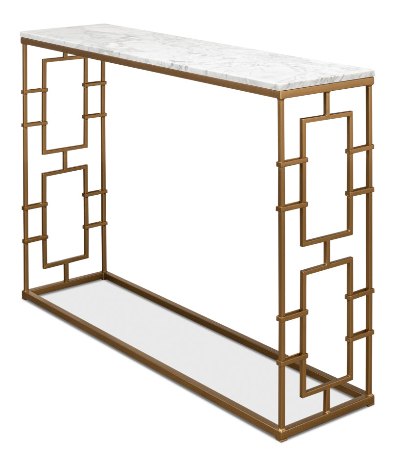 Brass Gate Console Table W/ Wht Marble-SARREID-SARREID-53134-Console Tables-2-France and Son