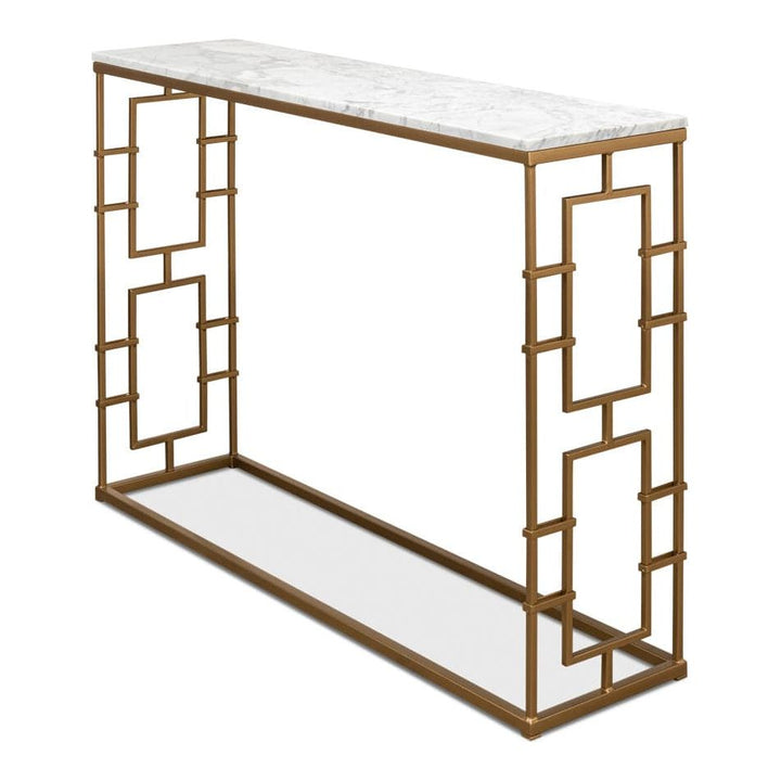 Brass Gate Console Table W/ Wht Marble-SARREID-SARREID-53134-Console Tables-2-France and Son