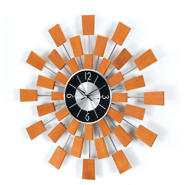 Wood Pixel Clock, shown in warm orange and black with wood, metal, and wall-mounting hardware.