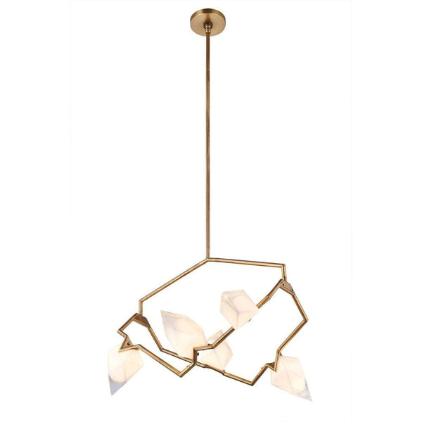 Branching Geode Chandelier, shown in antique brass and warm white with brass, glass, and a ceiling-mounted canopy.