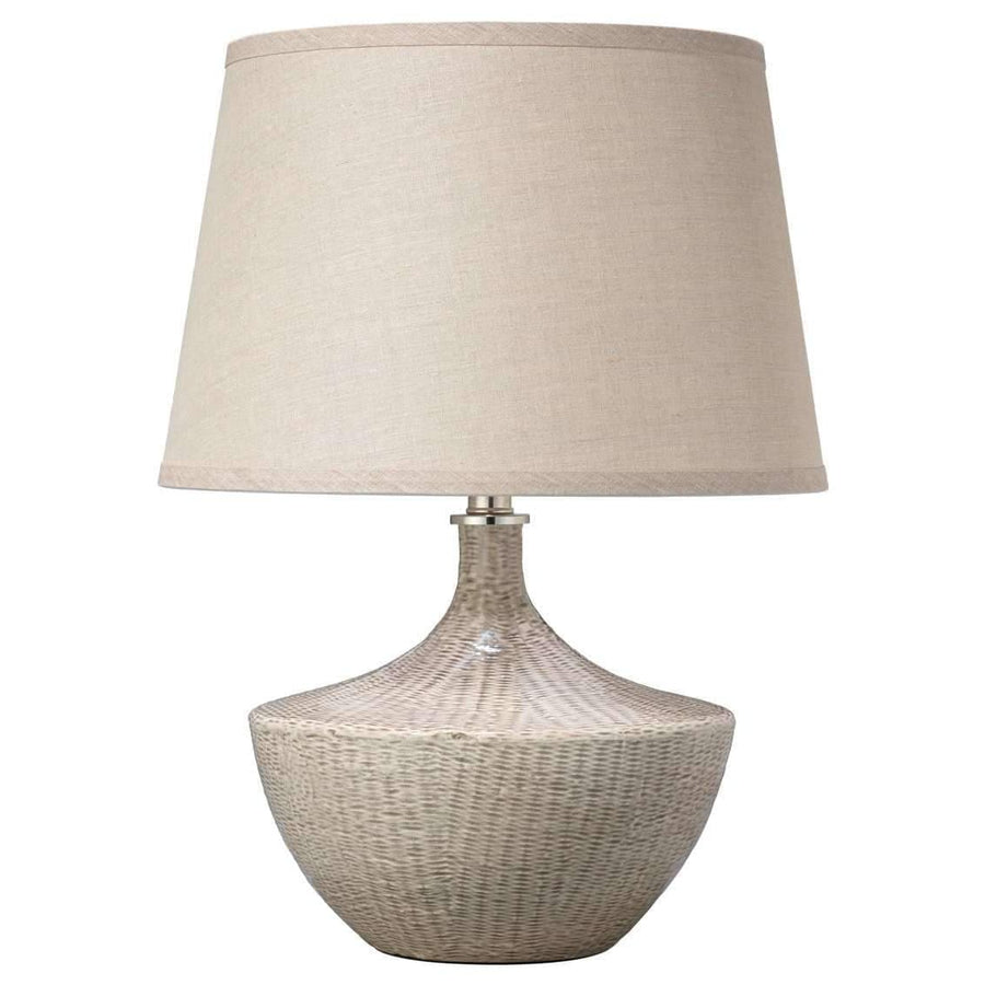 Basketweave Table Lamp in Off White Ceramic with Medium Open Cone Shade in Natural Linen-Jamie Young-JAMIEYO-9BASKWHC255M-Table Lamps-1-France and Son