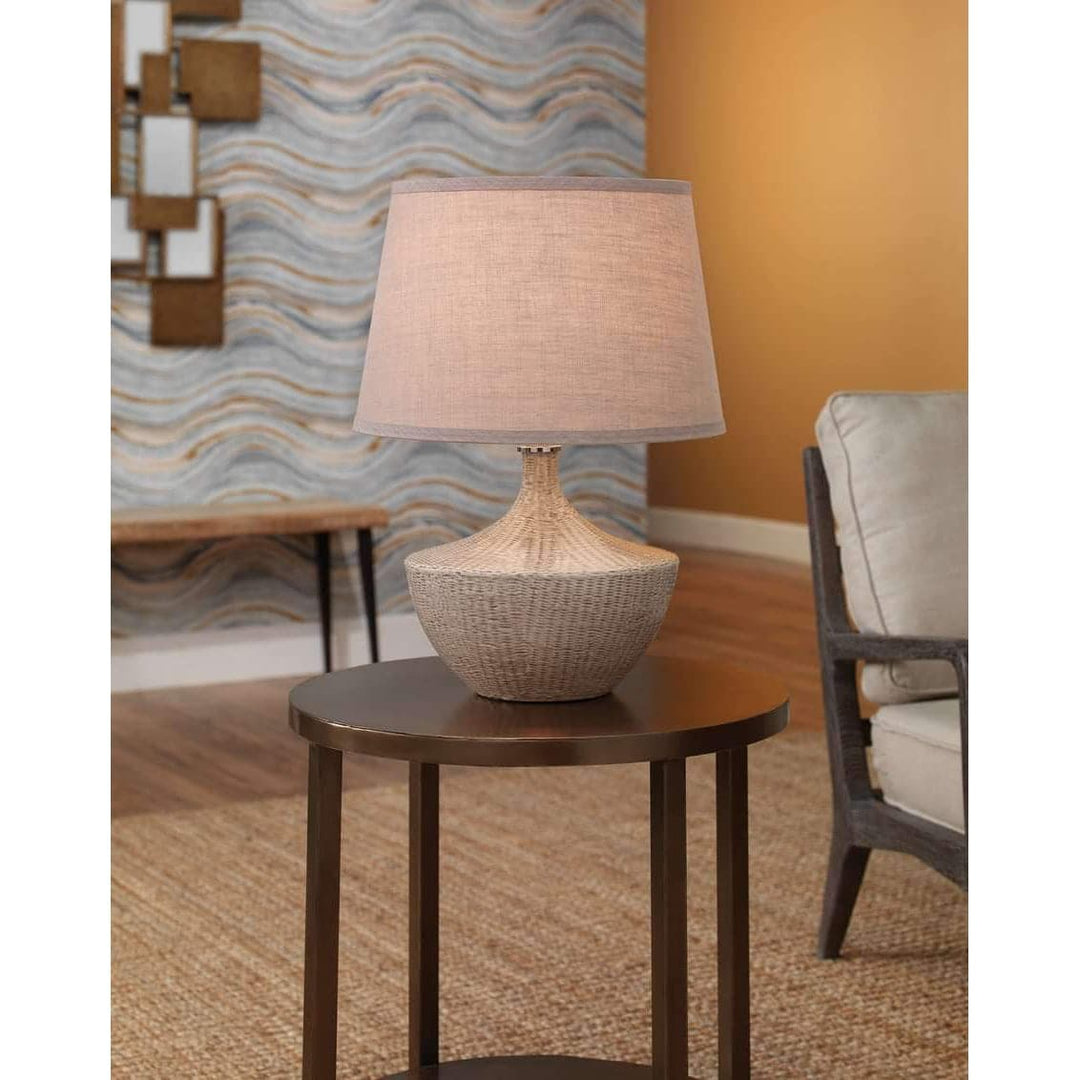 Basketweave Table Lamp in Off White Ceramic with Medium Open Cone Shade in Natural Linen-Jamie Young-JAMIEYO-9BASKWHC255M-Table Lamps-2-France and Son