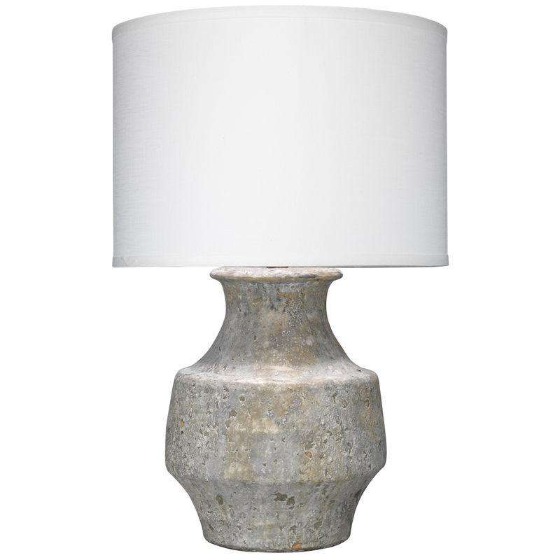 Masonry Table Lamp in Grey Ceramic with Classic Drum Shade in White Linen-Jamie Young-JAMIEYO-9MASOGRD131C-Table Lamps-1-France and Son