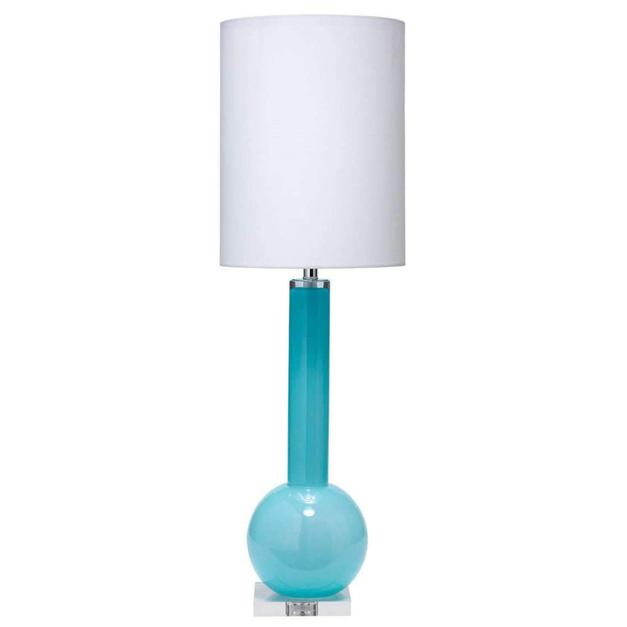 Studio Table Lamp in Powder Blue Glass with Tall Thin Drum Shade in White Linen-Jamie Young-JAMIEYO-9STUDPBD131T-Table Lamps-1-France and Son