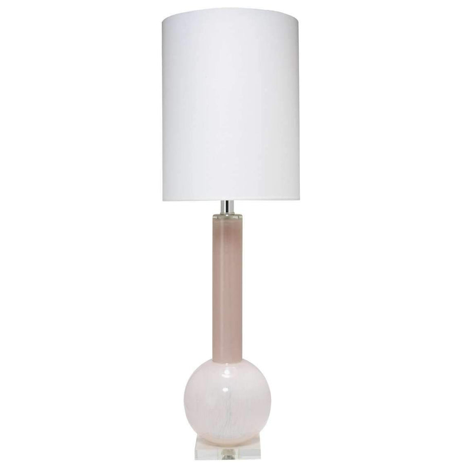 Studio Table Lamp in Petal Pink Glass with Tall Thin Drum Shade in White Linen-Jamie Young-JAMIEYO-9STUDPPD131T-Table Lamps-1-France and Son