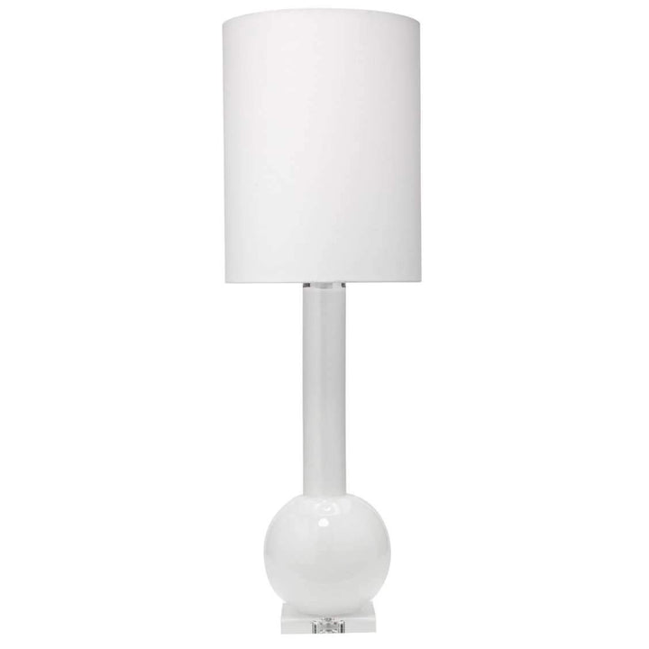 Studio Table Lamp in White Glass with Tall Thin Drum Shade in White Linen-Jamie Young-JAMIEYO-9STUDWHD131T-Table Lamps-1-France and Son