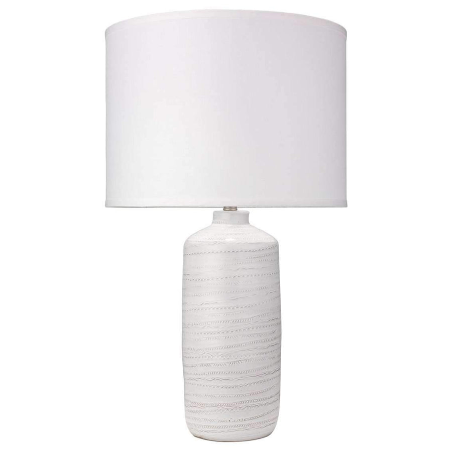 Trace Table Lamp in White Ceramic with Large Drum Shade in White Linen-Jamie Young-JAMIEYO-9TRACWHD131L-Table Lamps-1-France and Son