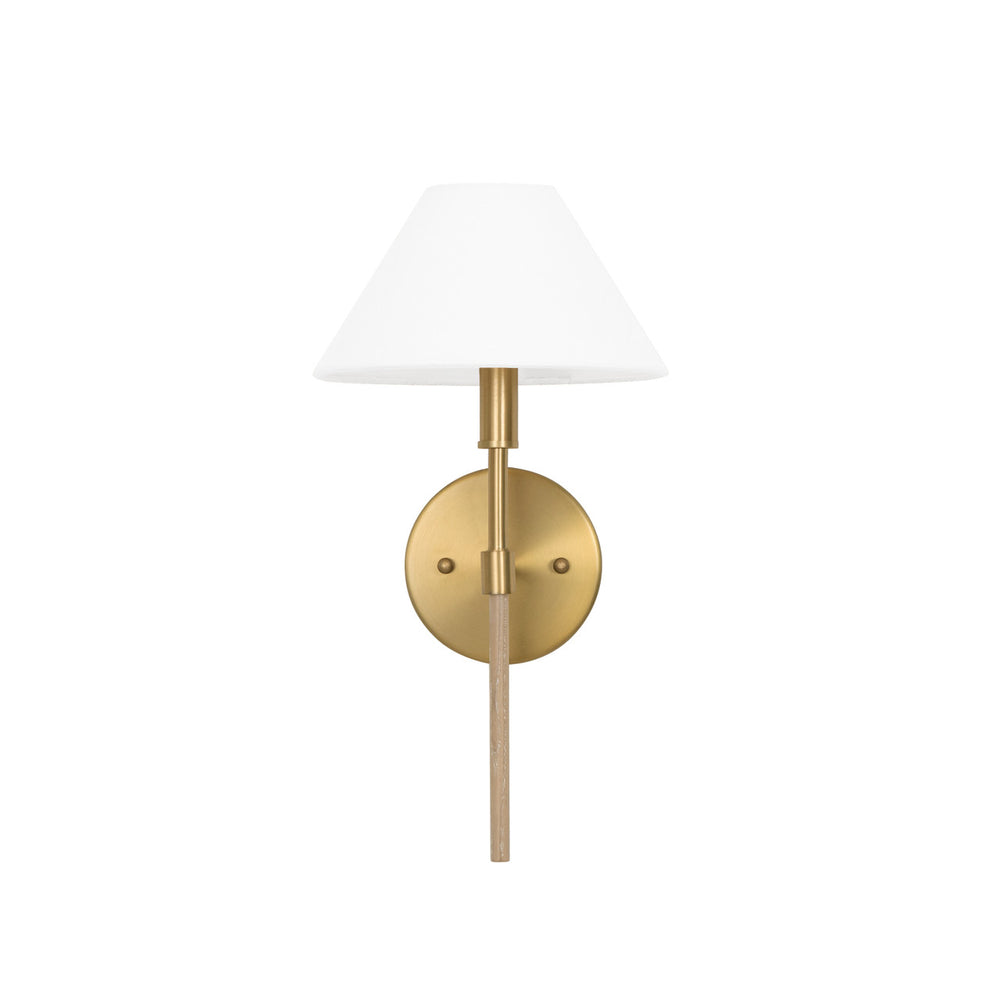 Alfie One Light Sconce with White Linen Coolie Shade-Worlds Away-WORLD-ALFIE CO-Wall LightingBrushed Brass and Cerused Oak-2-France and Son