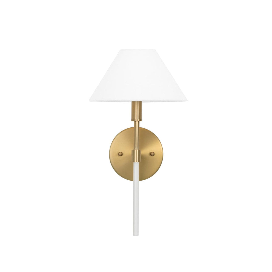 Alfie One Light Sconce with White Linen Coolie Shade-Worlds Away-WORLD-ALFIE WH-Wall LightingBrushed Brass and White Lacquer-4-France and Son