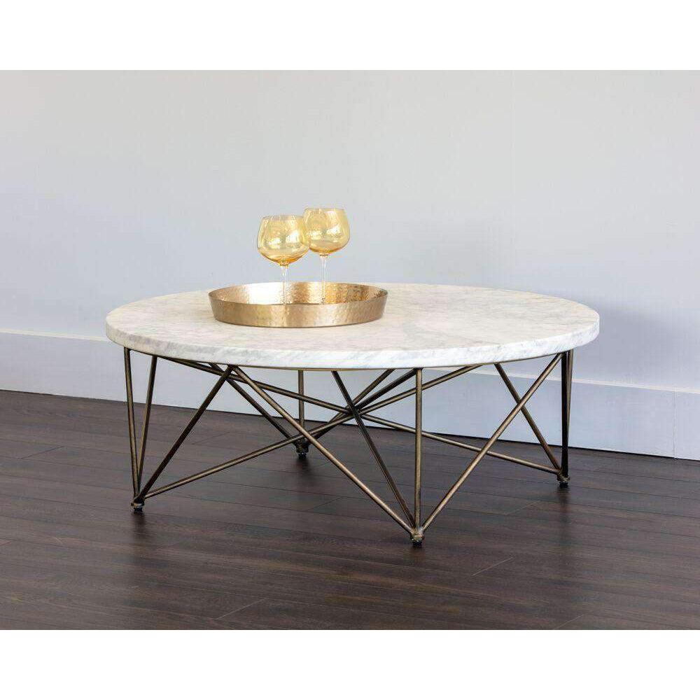 Skyy Coffee Table - Round - Antique Brass - White Marble-Sunpan-SUNPAN-103515-Coffee Tables-3-France and Son