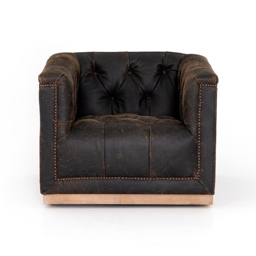 Nexus Tufted Swivel Chair - Destroyed Black Leather-FNS-STOCK-CKEN-F4Z-928-Lounge Chairs-2-France and Son