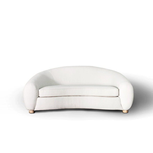 Charlotte Curved Sofa 71", shown in ivory and off-white with bouclé fabric, wood, and fixed continuous curved back and arms.